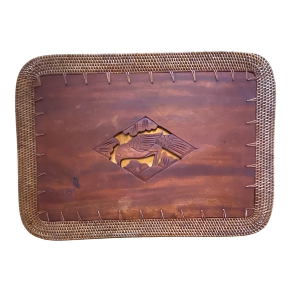 Vintage Balinese hand-carved teak wood and woven rattan placemats. 4 pcs - Picture 5 of 15